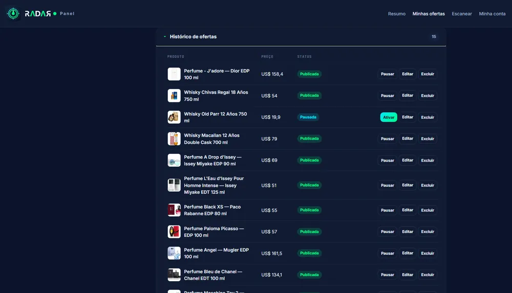 Panel de RADAR en computadora: historial de ofertas